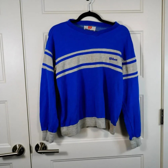 Vintage Wilson All Sport Sweatshirt Size‎ L W5013 Blue Gray V-Neck Stripes - Picture 4 of 7